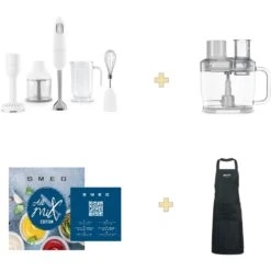 Smeg HBF02WHEU Stavblender + HBFP01 Food Processor Tilbehør + Kogebog + Forklæde